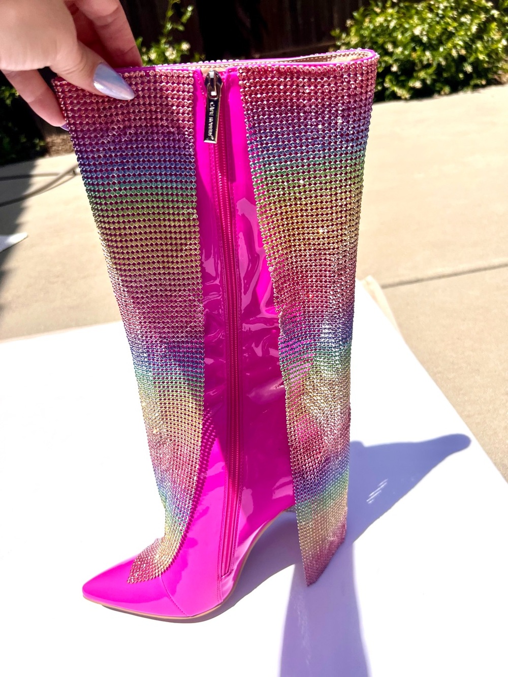 Rainbow Rhinestone 5” Stiletto Boots. Hot Pink - Colorful Gem Chain Curtain EDC - Picture 3 of 17